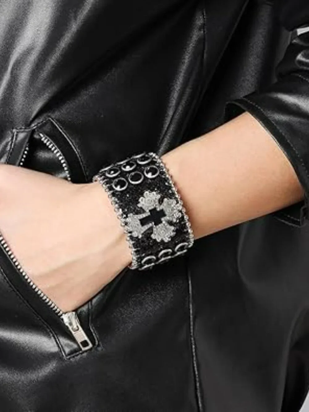Wide Black Leather Bracelet Silver Cross Blk Gems and Silver Rivets Adjustable